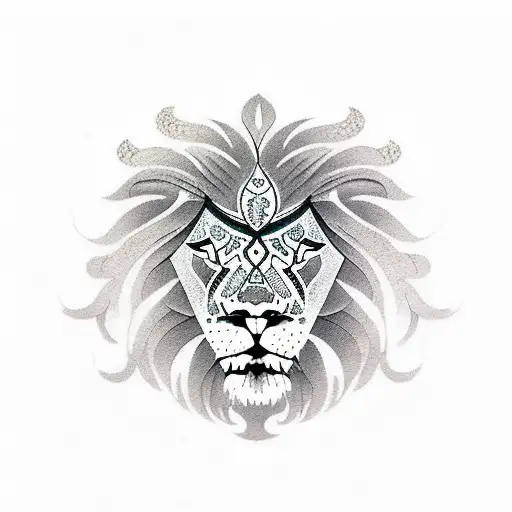 A lion's face adorned with intricate patterns inspired by biblical scriptures tattoo design idea
