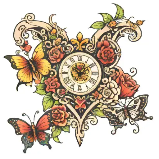 cross with heart clock butterflies and flowers  tattoo design idea