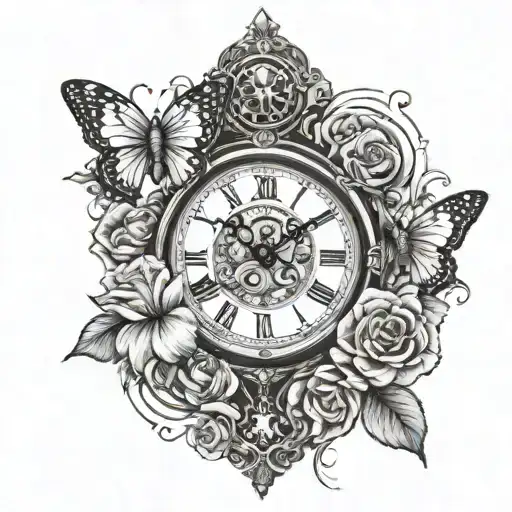 Jesus cross with roses and butterflies with a heart shaped clock with 12-02-19 tattoo design idea