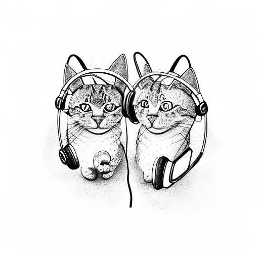 A dotwork tattoo of a cat and a dog sitting together, wearing headphones and listening to music, symbolizing your love for pets and music tattoo design idea