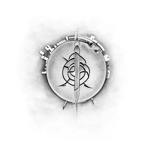 A black-grey tattoo of the BTS logo combined with a microscope to represent your passion for music and biology tattoo design idea