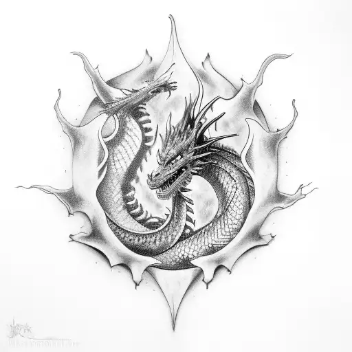 Dragon breathing fire in a black-grey mandala tattoo design idea