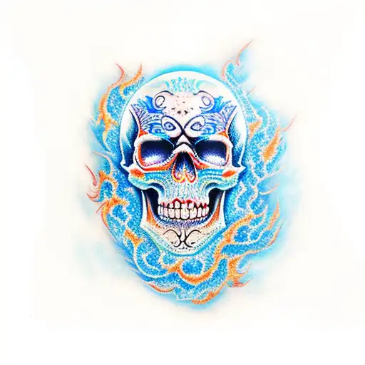 blue skull and flames tattoo design idea