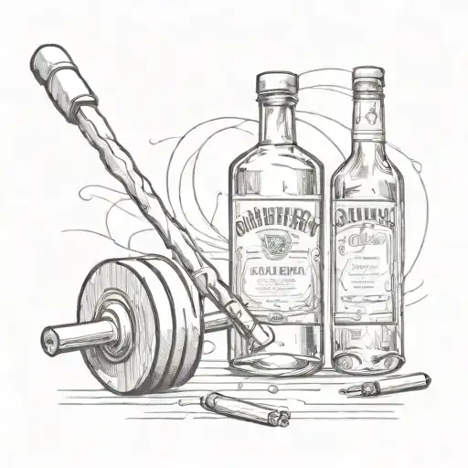 A sketch of a weightlifting barbell with a bottle of whiskey on one end and a cigarette on the other, representing your passion for the gym and indulgence in alcohol and cigarettes tattoo design idea