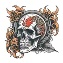 skull clock blood and flames tattoo design idea