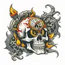 skull clock blood and flames tattoo design idea