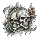 skull clock blood and flames tattoo design idea