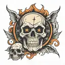 skull clock blood and flames tattoo design idea