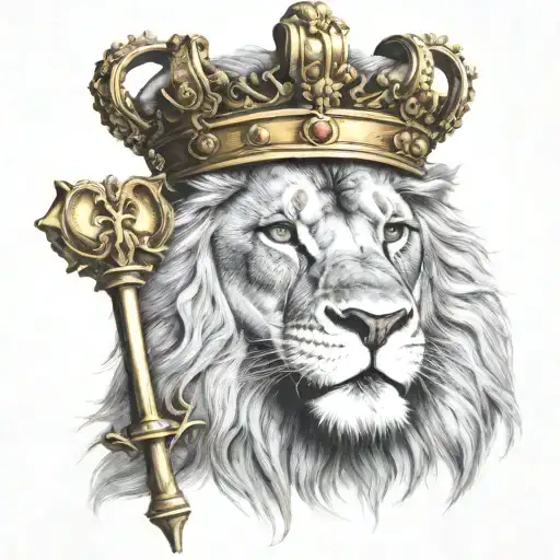A lion with a golden crown and scepter, embodying the regal nature of a king tattoo design idea