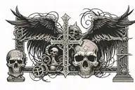 Graveyard, grave with a cross, wings, grave with shovel, grim reaper scythe, tree, raven, buffallo skulls tattoo design idea