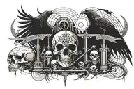 Graveyard, grave with a cross, wings, grave with shovel, grim reaper scythe, tree, raven, buffallo skulls tattoo design idea