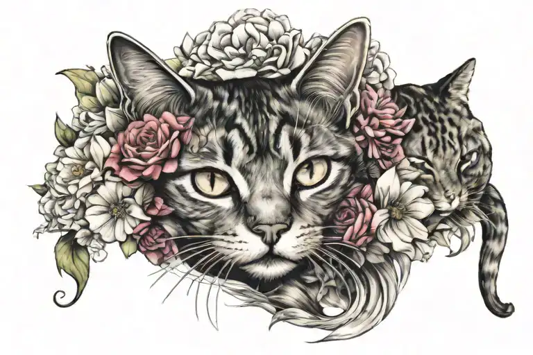 flowers and a cat curled tattoo design idea