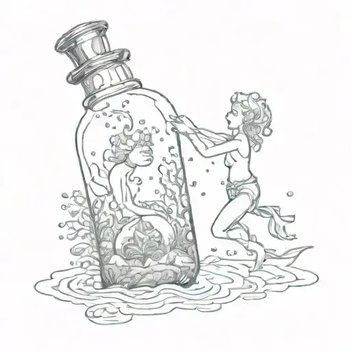 An underwater scene with a wish being granted by a genie in a bottle tattoo design idea