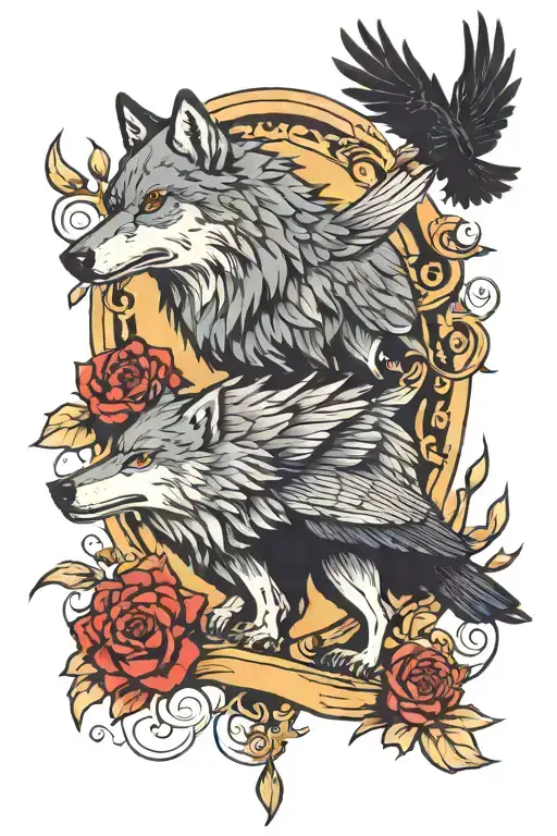 wolf and raven flying tattoo design idea
