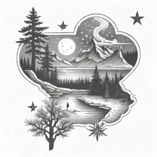 Stars, mountains, trees, frozen lake, hockey tattoo design idea
