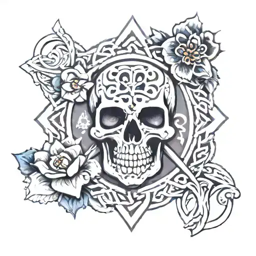 tattoo of a small anchor, a Celtic knot, the number 28, the lotus flower and the sign of Virgo and a skull tattoo design idea