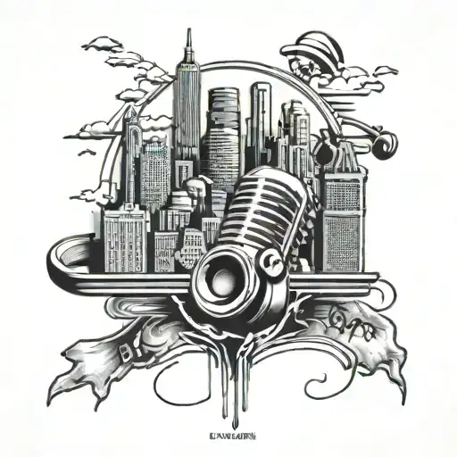 A tattoo featuring a Bronx skyline with a microphone and paint palette, representing your love for music, painting, and your hometown tattoo design idea