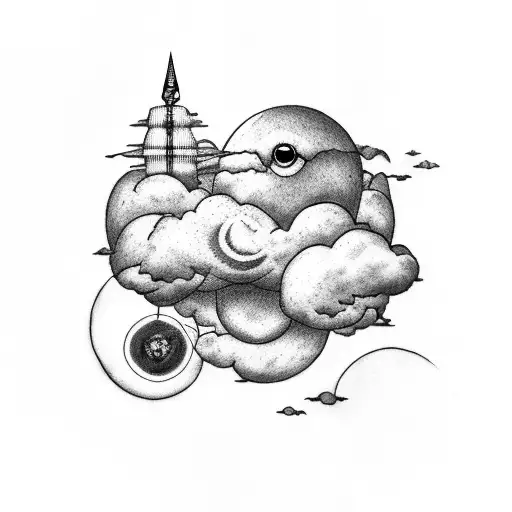 clouds, needle, dove, tubes tattoo design idea