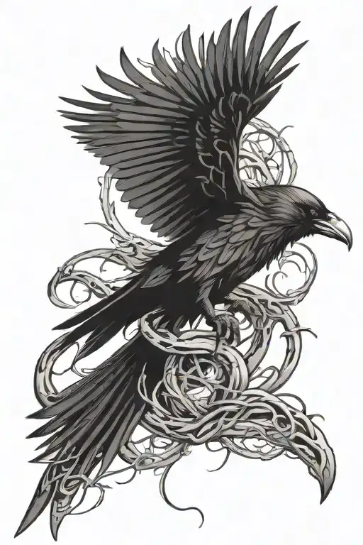 raven flying snake water thorns tattoo design idea