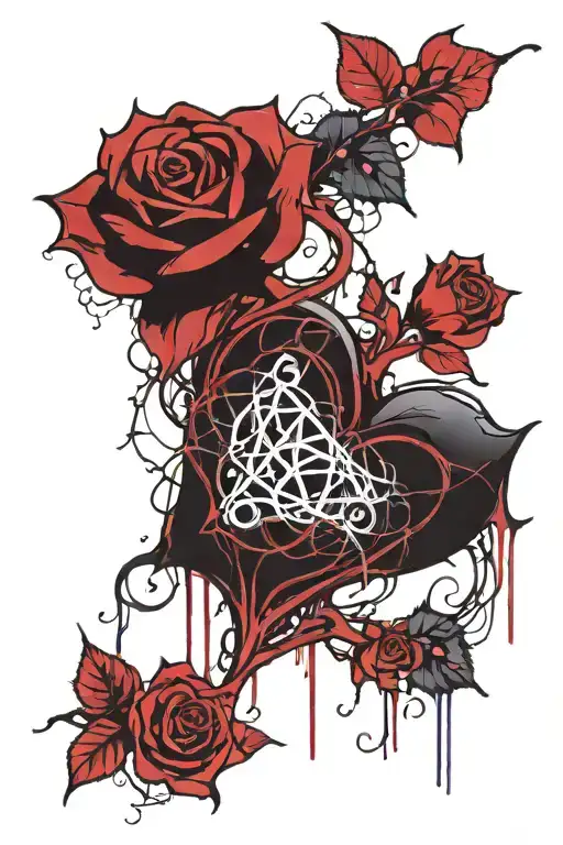 black rose vines with purple flowers branching off of a heartagram symbol tattoo design idea
