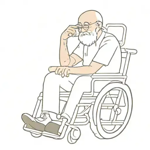a old grandfather with terminal cancer, in a wheelchair facing front, pointing to his head,with a big white hospital gow tattoo design idea