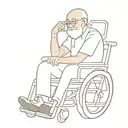 a old grandfather with terminal cancer, in a wheelchair facing front, pointing to his head,with a big white hospital gow tattoo design idea
