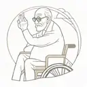 a old grandfather with terminal cancer, in a wheelchair facing front, pointing to his head,with a big white hospital gow tattoo design idea