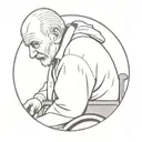 a old grandfather with terminal cancer, in a wheelchair facing front, pointing to his head,with a big white hospital gow tattoo design idea