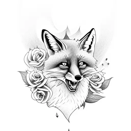 angry male fox with roses tattoo design idea