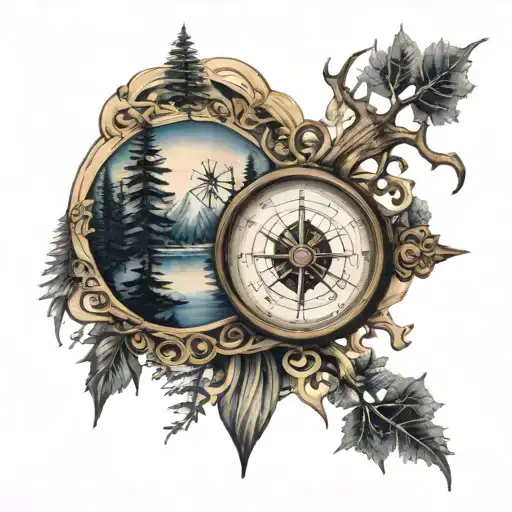 compass moutains deer antler trees tattoo design idea