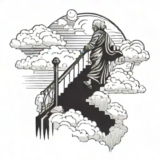 old woman walking up stairs to heaven with clouds tattoo design idea