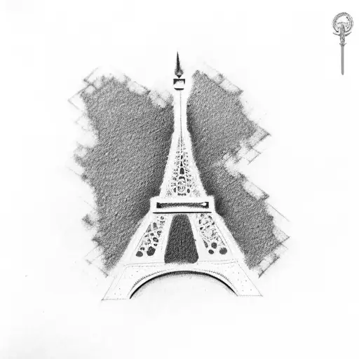mini Eiffel Tower with name RJ in cursive tattoo design idea
