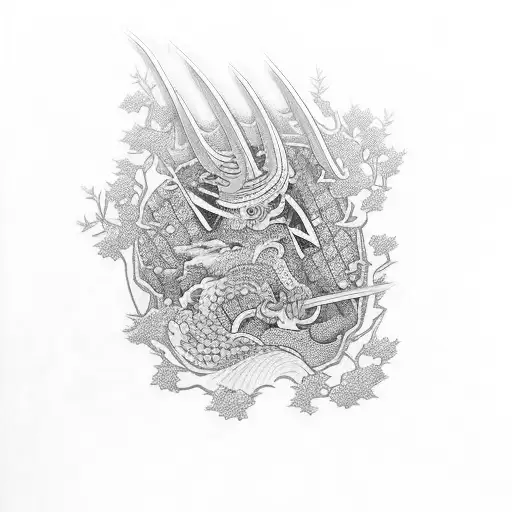 una katana tradicional japonesa, envuelta en hojas de sakura atravesando una mascara oni en un lado de la msacara una ca tattoo design idea