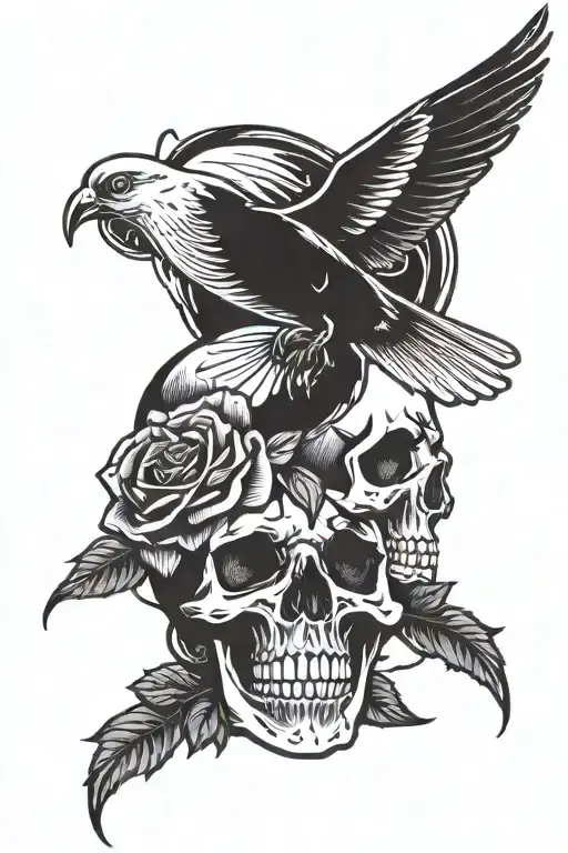 skull rose and dove flying tattoo design idea