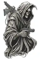 grim reaper in hoodie with gun tattoo design idea