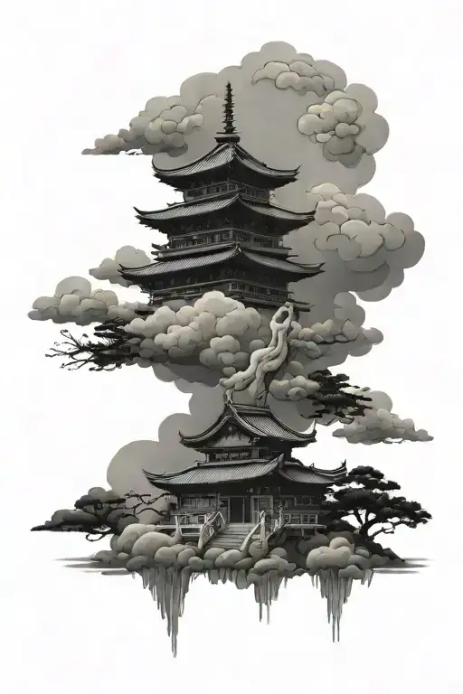 Japanese temple with storm clouds tattoo design idea