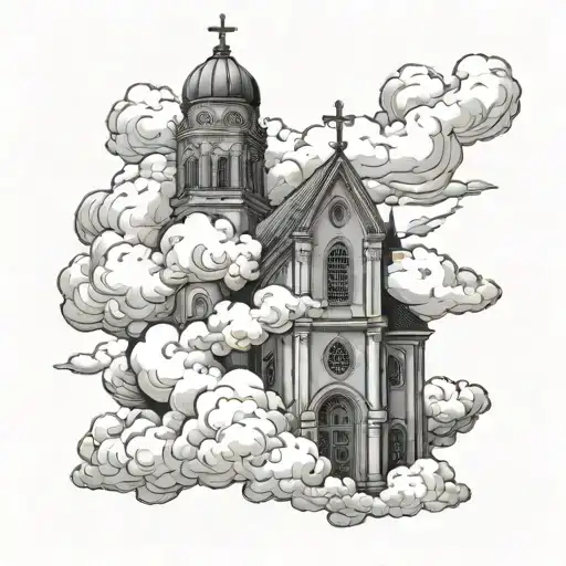 clouds surrounding church burning tattoo design idea