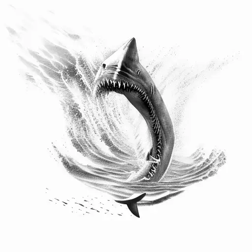 A fearsome shark emerging from the depths of the ocean with Poseidon's trident tattoo design idea