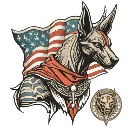 Anubis Egyptian god of death with a malinois  face with American flag  tattoo design idea