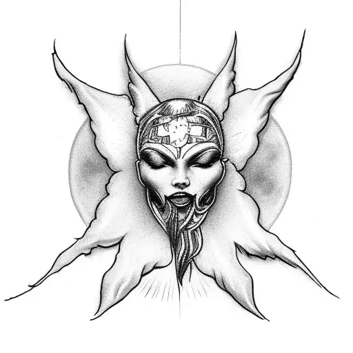 Create a BDSM-themed tattoo featuring a sun and angel design with intricate black-grey shading tattoo design idea