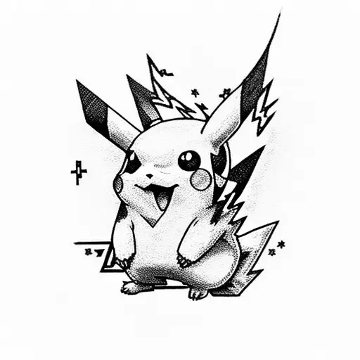 "Create an image of Pikachu confidently holding a tattoo machine, carefully etching a lightning bolt design onto another tattoo design idea