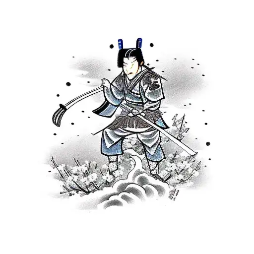 A traditional Japanese warrior with a katana surrounded by cherry blossoms tattoo design idea