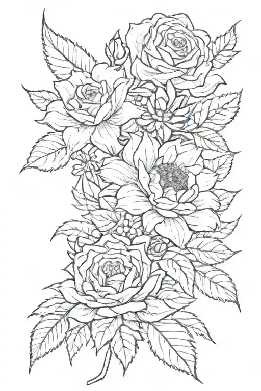 small bunch of flowers with one sunflower, one rose, one Christmas rose and one daffodil tattoo design idea