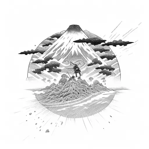 Samurai attacking a Giant in a beach shore with a vulcano exploinding in the background tattoo design idea