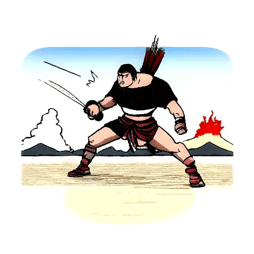 Samurai fighting with a Giant, in a beach shore with a vulcano exploinding in the background tattoo design idea