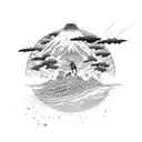 Samurai attacking a Giant in a beach shore with a vulcano exploinding in the background tattoo design idea