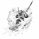 Samurai attacking a Giant in a beach shore with a vulcano exploinding in the background tattoo design idea