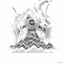 Samurai attacking a Giant in a beach shore with a vulcano exploinding in the background tattoo design idea