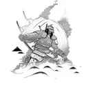 Samurai attacking a Giant in a beach shore with a vulcano exploinding in the background tattoo design idea