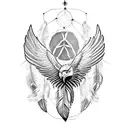 Eagle feather transforming into a dreamcatcher in blackwork style tattoo design idea